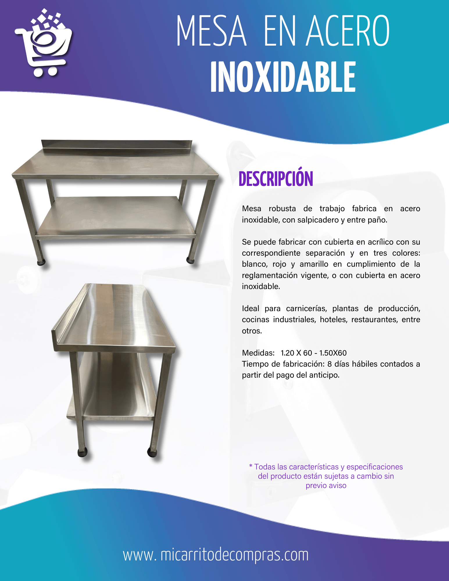 Mesa en acero inoxidable 150x60 - Imagen 2